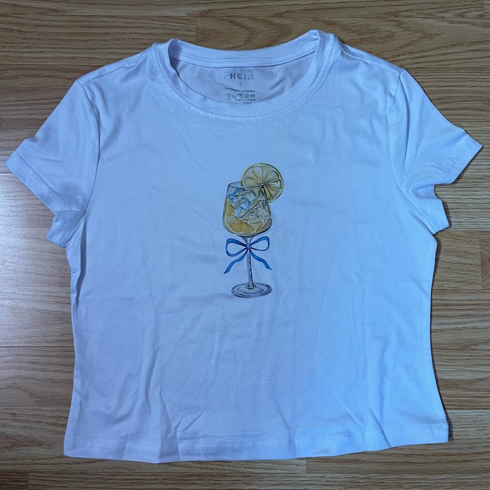SHEIN White Tee with Lemon and Blue Bow Design